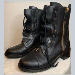 VALENTINO Leather Ruffle Embellishment Combat Boots